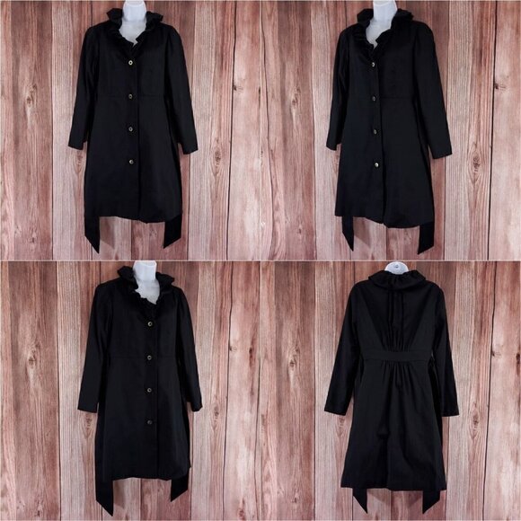 Lilly Pulitzer Size 4 Kelli Black Long Belted Trench Coat Jacket Ruffles Collar - Picture 1 of 16